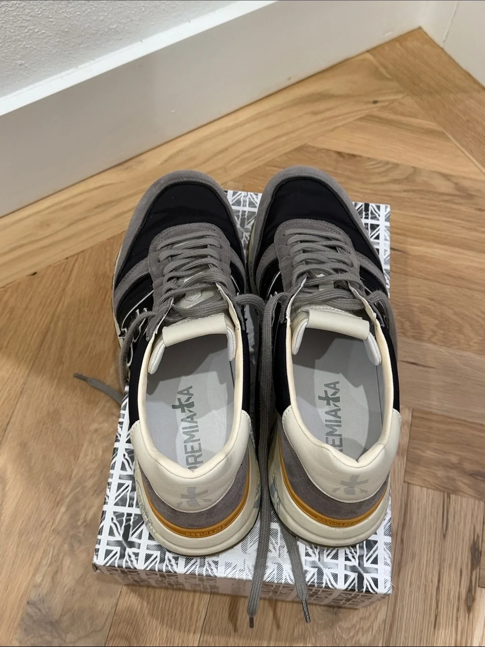 Premiata Men's Lander Black, Gray & Cream Suede Sneakers